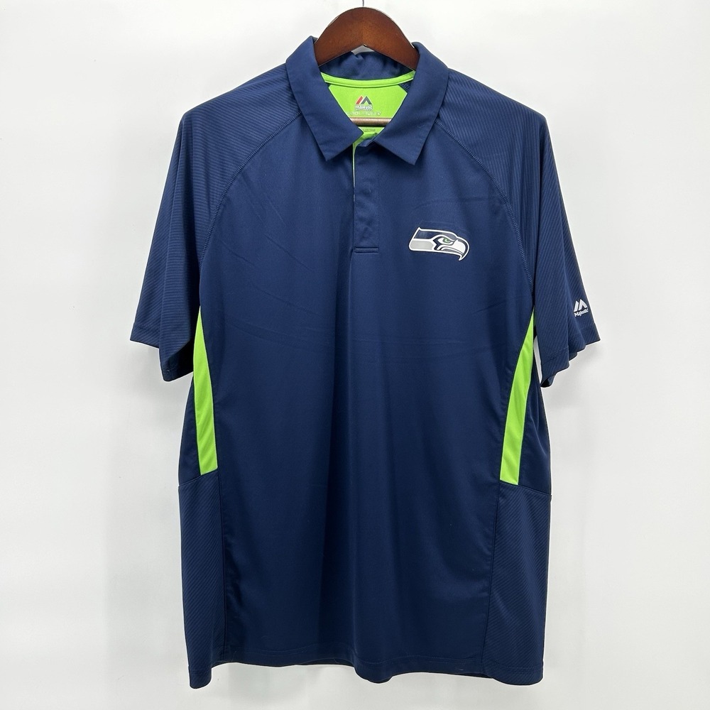 Majestic Cool Base‎ Seahawks Polo Mens XL NFL Performance Blue Short Sleeve